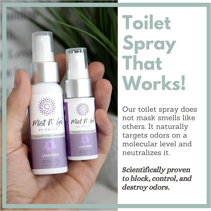 Mist N’ Go by Omaze Travel Bathroom Spray for Toilet Spray Odor Eliminator - Travel Toilet Spray for Bathroom Air Freshener Spray for Bathroom Deodorizer - Lavender Travel Size (1oz x3)