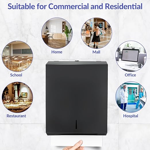 Paper Towel Dispenser Wall Mount, Matte Black Stainless Steel Commercial Paper Towel Holder with Lock, Large Capacity 400 C Fold/525 Multifold Towels