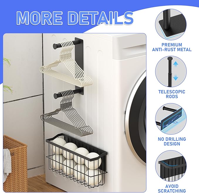 MFTEK Magnetic Dryer Ball Holder and Magnetic Hanger Holder for Laundry Room Organization, Extendable Hanger Organizer Stacker, Magnet Lint Bin, Metal Basket Dryer Ball Container Set (Black)