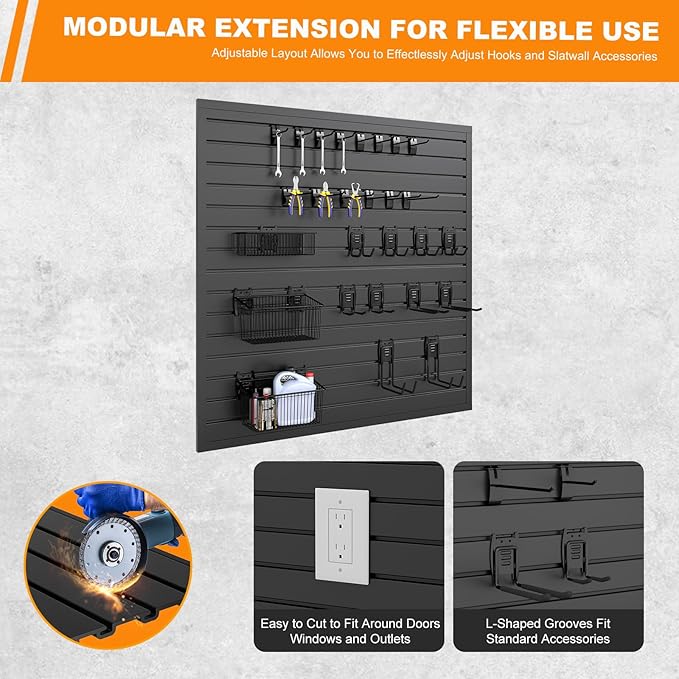 DoCred Slatwall Paneling Organizer, 4x4 FT PVC Garage Slat Wall Storage Systems, Heavy Duty Mounted Slat Peg Board for Tool Organization Ladder Bike Includes 27 PCS Hooks Accessories Kit (Black)