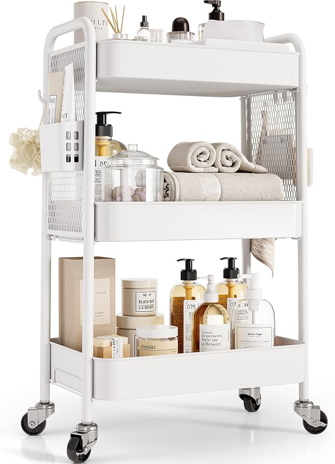 TOOLF 3 Tier Rolling Cart Storage Organizer, Metal Rolling Utility Cart with Wheels, Hooks & Bins Esthetician Craft Art Sturdy Storage with Pegboard for Bathroom, Kitchen, Office, Nursery Diaper