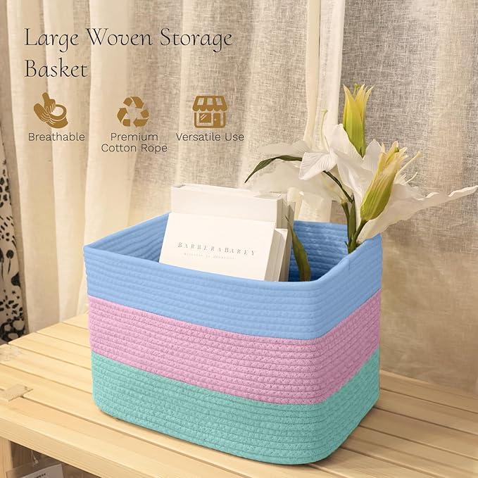 Hopegiver Woven Storage Baskets 15x11x10 Inch, 3 Pack Collapsible Cube Storage Bin for Shelves - Foldable Cotton Rope Organizer Bins for Towels, Toys, Books, Closet, Nursery (Blue Pink Green)