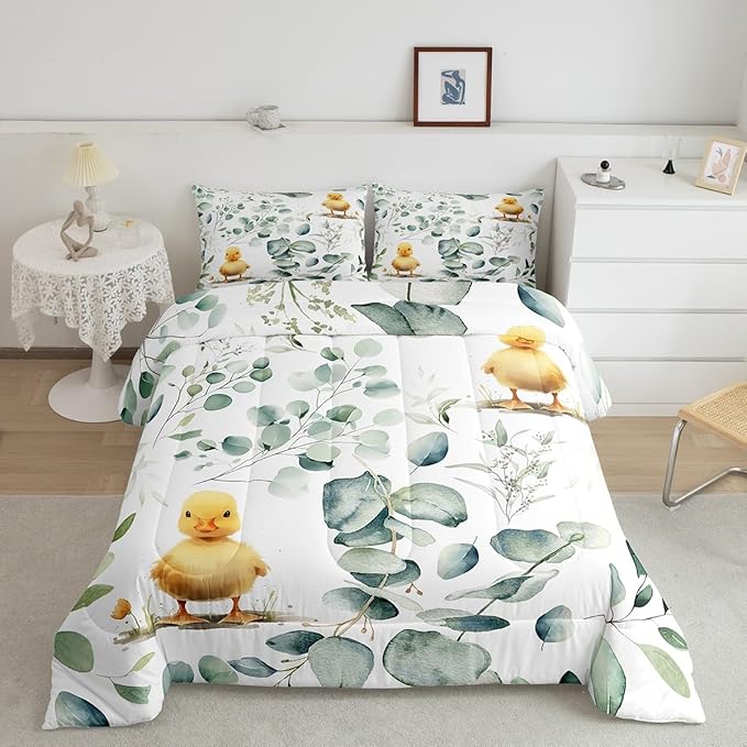 Erosebridal Kids Cute Animal Toddler Bedding Sets for Girls Boys Cartoon Duck Comforter Set, Spring Eucalyptus Bedding Comforter Sets Watercolor Leaves Duvet Insert, Kawaii Farm Animal Down Comforter