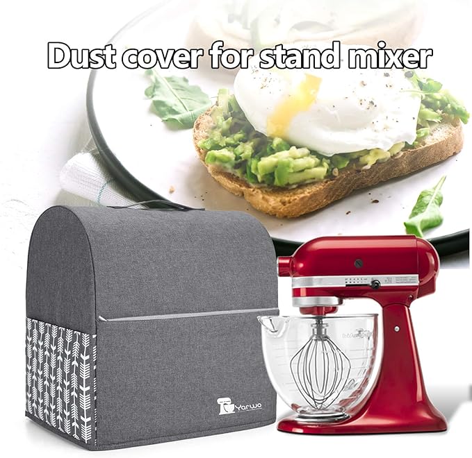 Yarwo Stand Mixer Cover Compatible with 4.5 qt and All 5 qt KitchenAid Mixer, Protective Dust Cover with Top Handle and Pockets for Accessories, Gray with Arrow