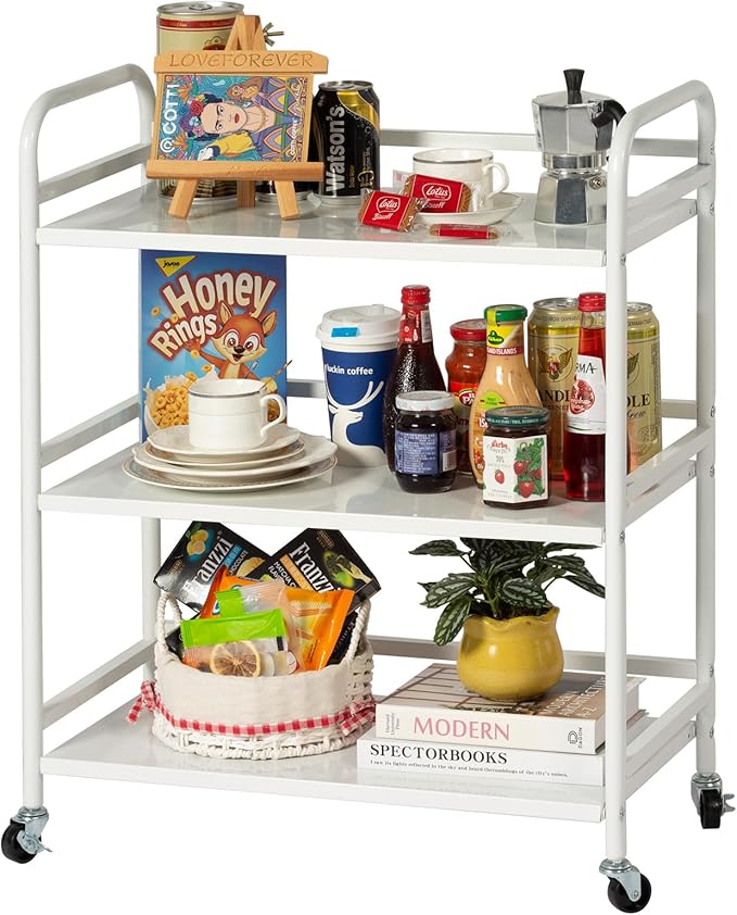 HDANI 3 Tier Metal Utility Multipurpose Rolling Cart, Large Capacity Heavy Duty With Lockable Wheels for Home, Office, Kitchen, Bathroom, Bedroom (White)