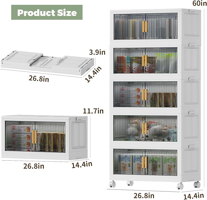 100Gal Stackable Plastic Storage Bins with Lids, Collapsible Closet Organizers and Storage with Wheels for Living Room,Office,Dorm 26.8" W x 14.4" D x 60" H, 5 Tier
