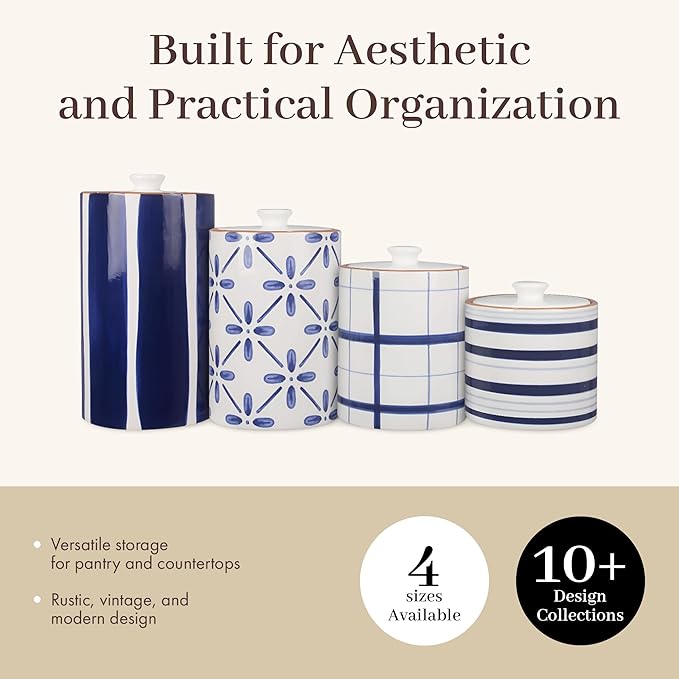 Young's Inc. 4 Pcs Set Cylindrical Ceramic Canisters- Storage Container for Kitchen and Bathroom - Beautiful Home Decor Accent to Store Food, Coffee, Tea, and More - White, Blue