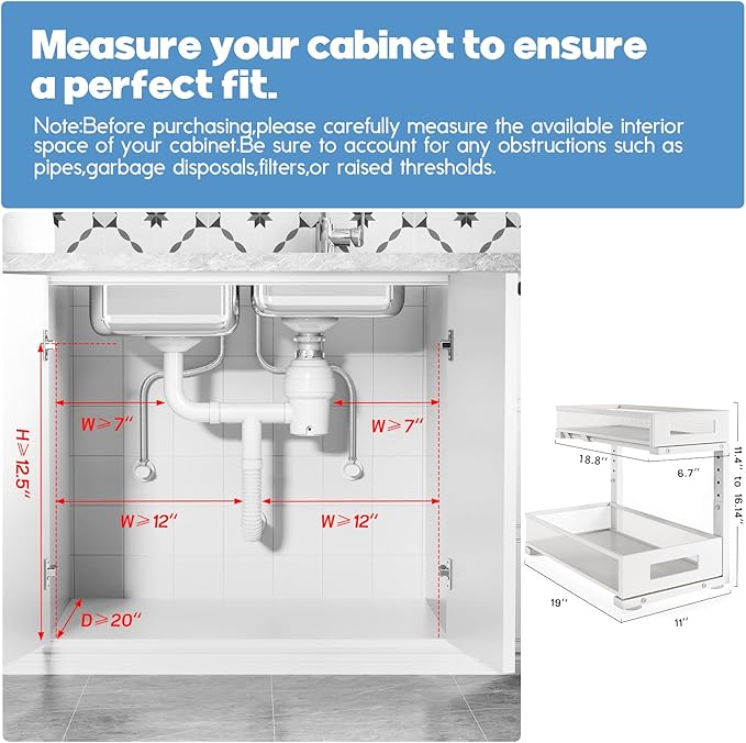 1 Pack 19IN Depth Under Sink Storage Organizer, Large 2-Tier Elegant Mesh Pull Out Shelf for Kitchen and Bathroom Cabinet Organization, L-Shaped and Adjustable Height Design-White