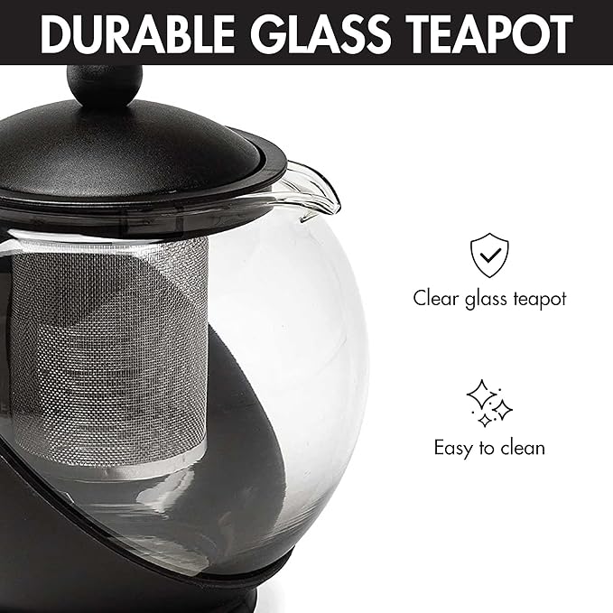 Primula Half Moon Teapot with Removable Infuser, Glass Tea Maker with Reusable Fine Mesh Stainless Steel Filter, Dishwasher Safe, 40-Ounce, Black