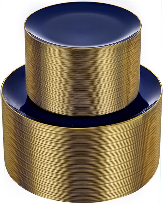 bUCLA 100PCS Blue Plastic Plates - Navy Blue Disposable with Gold Rim, Include 50 Each (10 inch Dinner & 7 inch Dessert) Plates, Ideal for Party