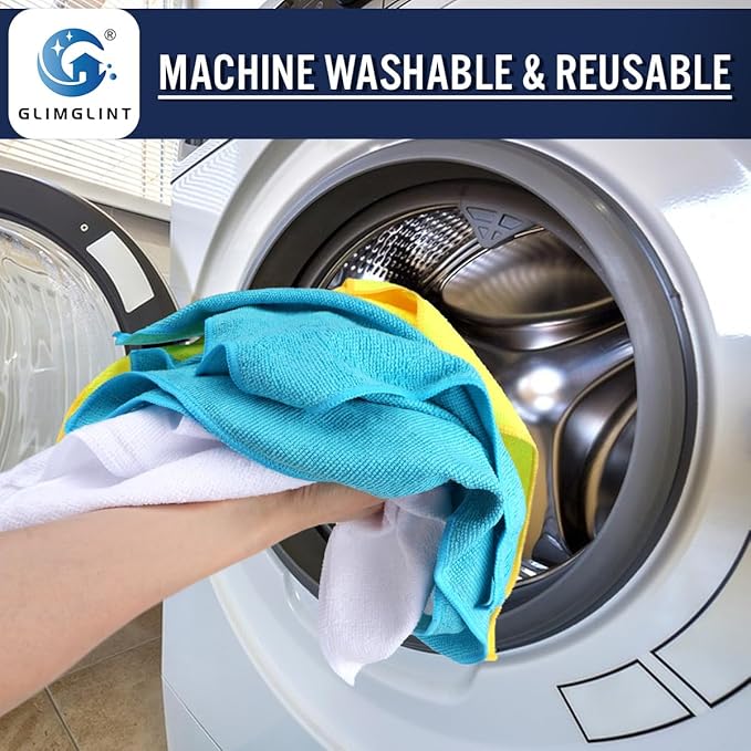 GLIMGLINT Microfiber Cleaning Cloth, 12 Pack Cleaning Rags, Cleaning Towels with 3 Color Assorted, 14"X12"(Yellow/White/Blue)