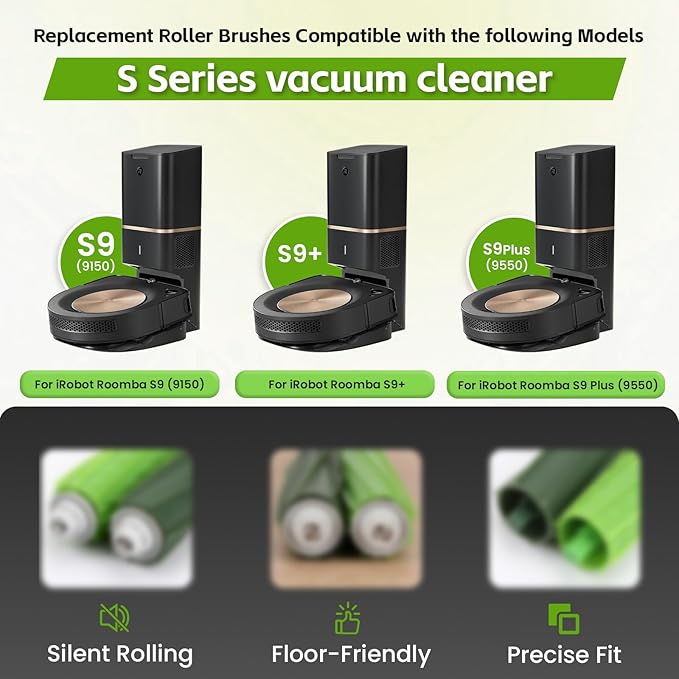 6-Pack Rubber Brushes for iRobot Roomba S9/S9+/S9+ (9150/9550) – Replacement Vacuum Roller Brush, Compatible with Roomba S9 Series – Bristle-Free for Floors & Carpets