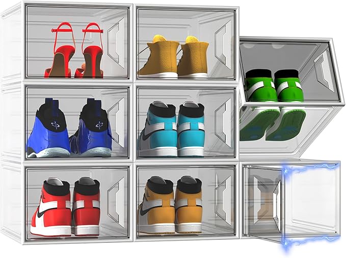 X-Large Stackable Shoe Boxes - Clear Plastic Shoe Storage Boxes with Magnetic Door, Thicken Shoe Organizer for Closet, Space Saving Foldable Shoe Containers Bins for Sneaker Boot - 8 Pack(White)