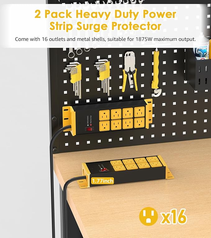 HHSOET 2 Pack Heavy Duty Power Strip 8 Outlets, Metal Wall Mount Outlet Strip 4800J Surge Protector, Garage Shop Under Desk Mountable 6FT Extension Cord Plug, ETL Listed