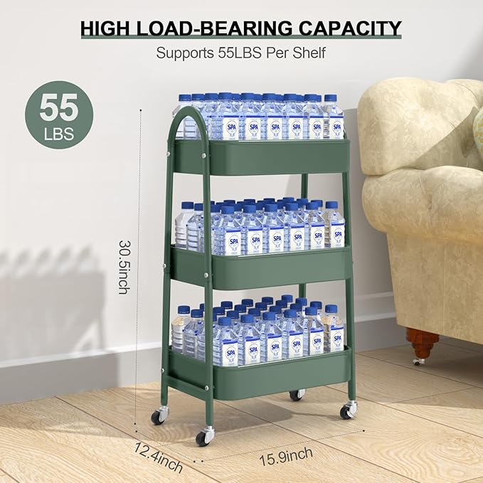 EAGMAK 3 Tier Utility Rolling Cart, Metal Storage Cart with Handle and Lockable Wheels, Multifunctional Storage Organizer Trolley with Mesh Baskets for Kitchen, Living Room, Office, Garage (Jungle)