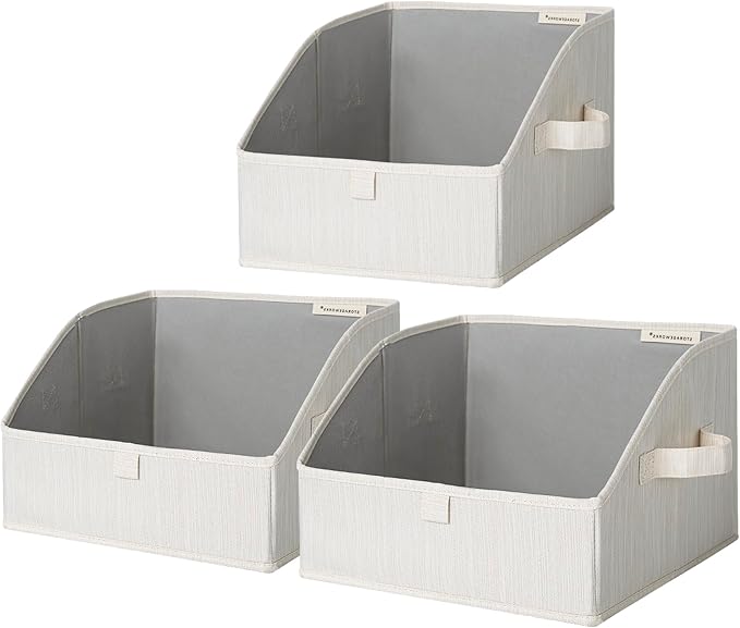 StorageWorks Closet Storage Bins, Trapezoid Organizer Box for Shelves, Fabric Clothes Bin, Foldable Organizing Baskets with Handles, Small, 3-Pack, Mixing of Beige, White & Ivory