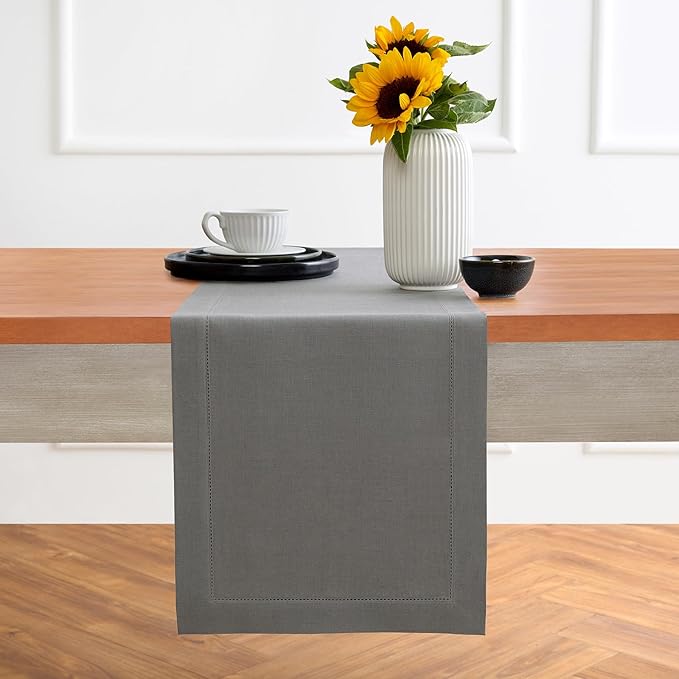 Solino Home Linen Steel Gray Table Runner 108 Inches Long - 100% Pure Linen Hemstitch 14 x 108 Inch Table Runner for Dining - Classic Hemstitch