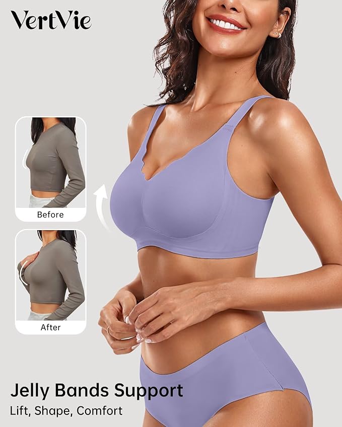 Vertvie Womens Seamless Bras No Underwire Supportive Wireless Push Up Full Coverage Bralette Comfort Scalloped T-Shirt Bra