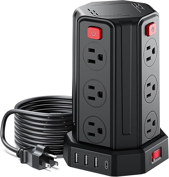 Power Strip Surge Protector, 6.5 Ft Extension Cord with 12 AC Multiple Outlets 4 USB (1 USB C), SMALLRT Power Tower Desktop Charging Station (Black, 6.5 Ft)