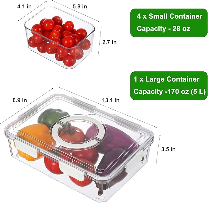 Taiuloo Divided Serving Tray with Lid & Handle, Airtight 4 Compartment Snackle Box Charcuterie Container, Fridge Organizer Bins, Food Storage Container Veggie Tray for Snack, Fruit, Candy, Nuts
