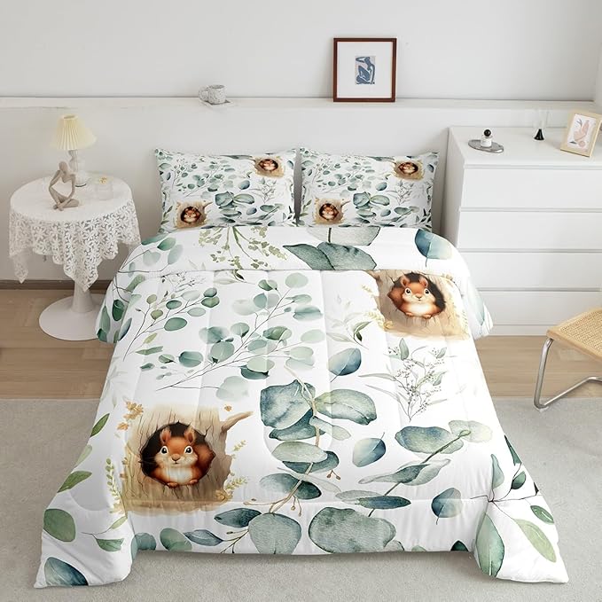Erosebridal Kawaii Squirrel Bedding Twin for Boys Girls Cartoon Animal Comforter Set Twin, Eucalyptus Leaves Duvet Insert Jungle Wildlife Quilt Comforter, Tropical Plants Bedding Comforters & Sets