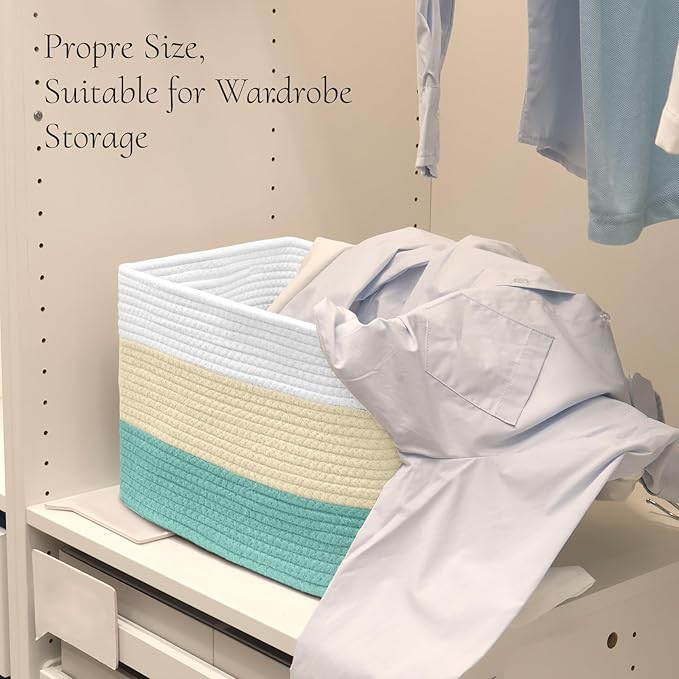 Hopegiver Woven Storage Baskets 15x11x10 Inch, 3 Pack Collapsible Cube Storage Bin for Shelves - Foldable Cotton Rope Organizer Bins for Towels, Toys, Books, Closet, Nursery (White Cream Green)