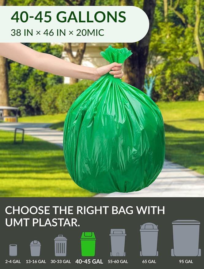 100 Count 100% Biodegradable and Compostable Trash Bags, 40-45 Gallon, 20 Microns, 38x46 Inches, Green Eco-Friendly