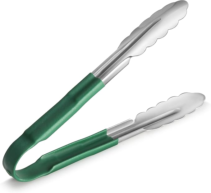 New Star Foodservice 35865 9-Inch Utility Spring Tongs, Stainless Steel, Vinyl Coated, Set of 12, Green