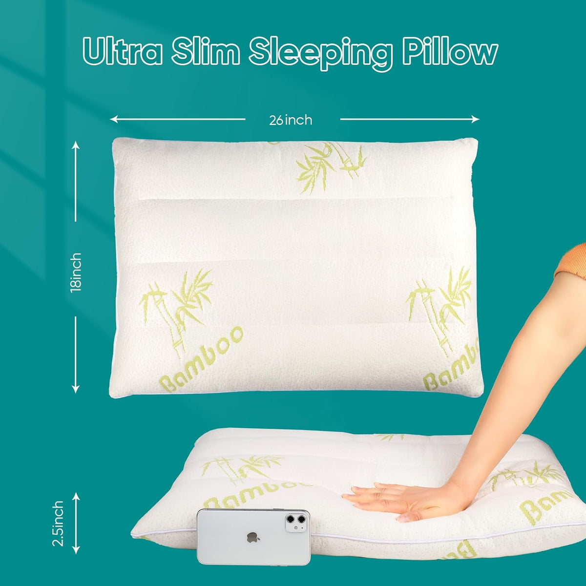MINUPWELL 2 Packs Ultra Thin Pillows, Flat Pillows for Sleeping Thin, 7D High Support 2.5 inch Height Slim Bed Pillows for Stomach Sleeper, Standard Size -18x26 in - Rayon Derived from Bamboo
