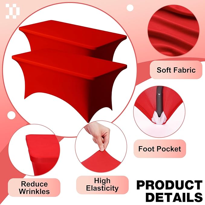 Trlyc 2 Pack 4FT Spandex Table Cloth - 48 x 30 Inch Rectangular Stretch Tablecloth, Wrinkle Resistant Scretch Table Cover for Wedding, Party, Banquet, Picnic, Outdoor Decoration (2Pcs,Red)