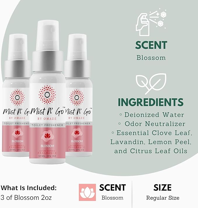 Mist N’ Go by Omaze Travel Bathroom Spray for Toilet Spray Odor Eliminator - Travel Toilet Spray for Bathroom Air Freshener Spray for Bathroom Deodorizer - Blossom Regular Size (2oz x3)