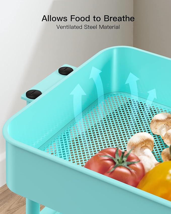 Pipishell 3-Tier Metal Rolling Utility Cart, Heavy-Duty Storage Cart with 2 Lockable Wheels, Multifunctional Mesh Organization Cart for Kitchen Dining Room Living Room (Turquoise)