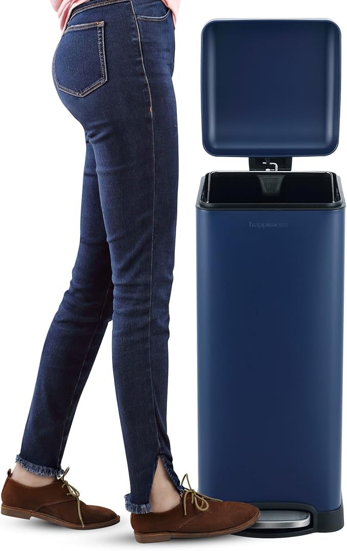 happimess HPM1007H Betty Retro 8-Gallon Step-Open Trash Can, Fingerprint Resistant, Modern, Minimalistic for Home, Kitchen, Laundry Room, Office, Bedroom, Bathroom, Denim Blue
