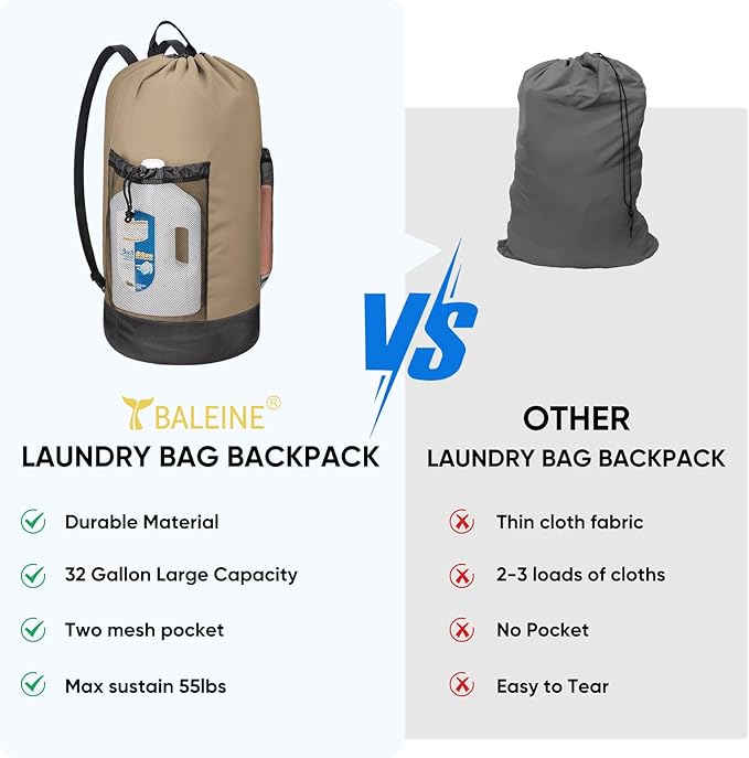 BALEINE 120L Laundry Bag Backpack, 900D Oxford Fabric Large Travel Laundry Bags with Shoulder Straps and 2 Mesh Pockets for College Dorm, Apartment, Laundromat (Khaki, 120L)
