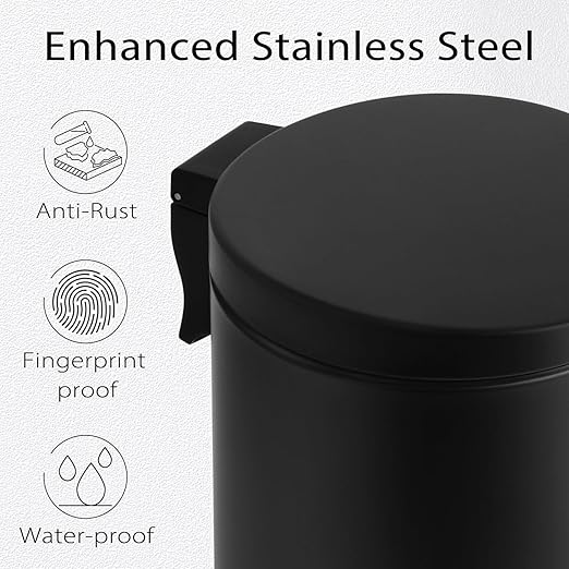 TIPGO 1.2 Gallon Small Black Trash Can, 4.5 Liters Bathroom Garbage Can with lid, Mini Step Trash Bin, Stainless Steel Wastebasket for Bathroom, Bedroom, Office (Matte Black)