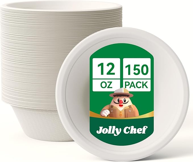 JOLLY CHEF Compostable Disposable Paper Bowl [12 oz] Heavy Duty Soup Containers [150 Pack] Biodegradable Bagasse Hot Cold Food Eco-Friendly Sugarcane Microwavable Bowls for Salad Milk Thanksgiving Day