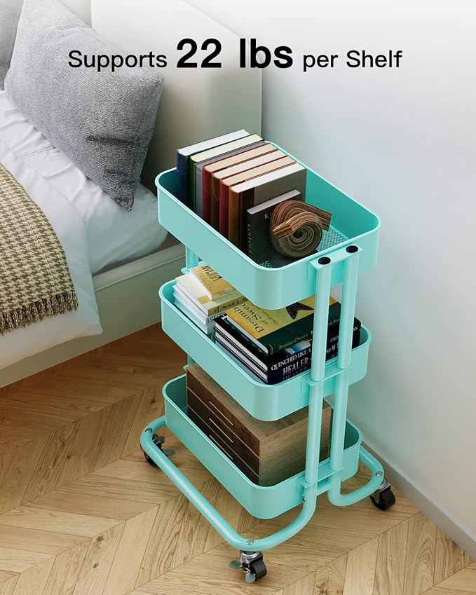 Pipishell 3-Tier Metal Rolling Utility Cart, Heavy-Duty Storage Cart with 2 Lockable Wheels, Multifunctional Mesh Organization Cart for Kitchen Dining Room Living Room (Turquoise)