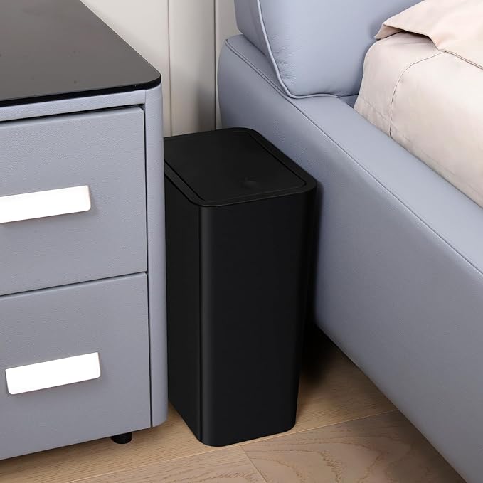 TIPGO Bathroom Trash Can with Lid, 10 Liter/ 2.6 Gallon Slim Garbage Can, Small Trash Bin Waste Basket with Pop-Up Lid for Kitchen, Bedroom, Living Room, Office (Black)