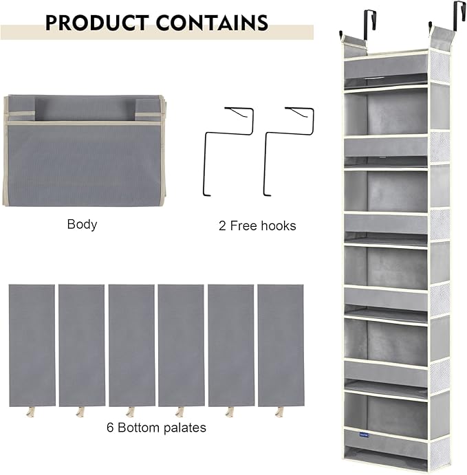 2 Pack Over The Door Hanging Organizer 6-Shelves and 12 Side Pockets, Over The Door Storage for Bathroom and Bedroom, Back of Door Organizers for Baby Products and Kid's Toys(13"x5"x54" Grey)