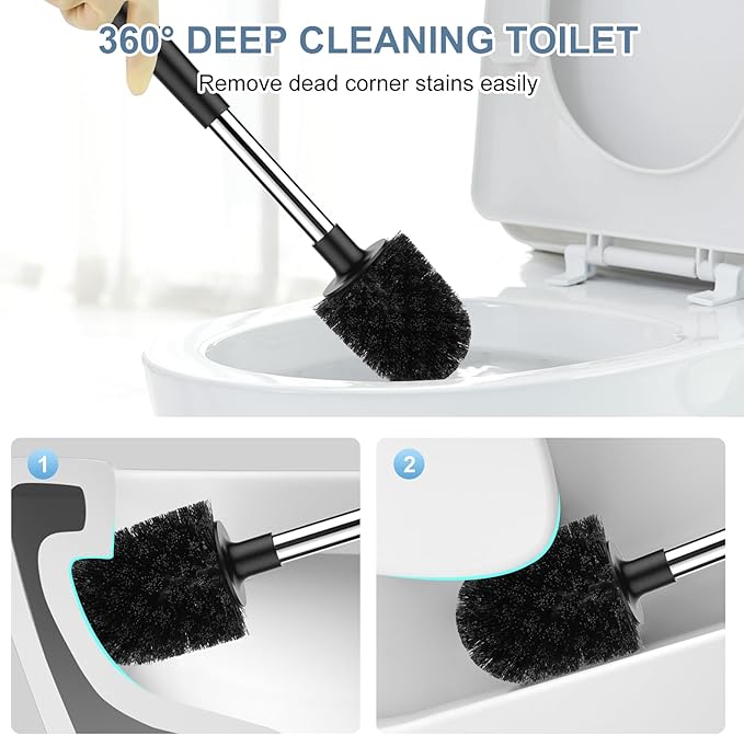 SetSail Toilet Brush and Holder 3 Pack, Self Closing Lid Toilet Bowl Brushes Holder Extra Long Handle Ventilated Toilet Brush Set for Bathroom Cleaning, Nylon Bristles, Black