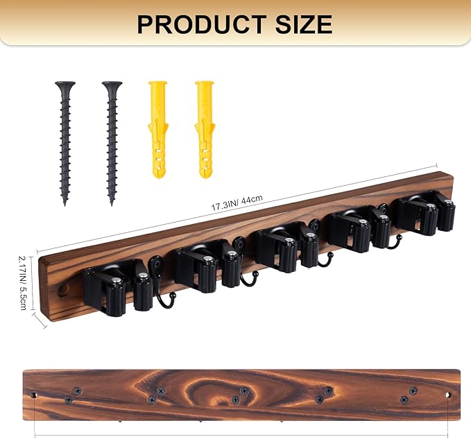 Broom Holder Wall Mount With 5 Slots & 4 Hooks，Rustic Wood Broom & Mop Hanger，Wall Mounted Garden & Garage Tool Storage Organizer Rack for Closet Laundry Room or Kitchen Wall Decor