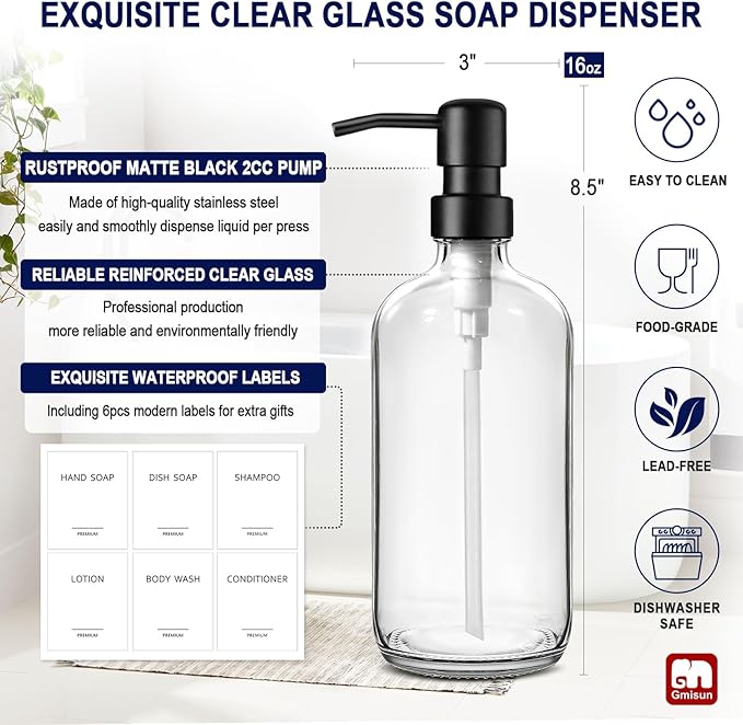 GMISUN Glass Soap Dispenser with Pump, 2 Pack Clear Bathroom Hand Soap Dispenser with Stainless Steel Pump, 16 Oz Refillable Kitchen Hand and Dish Soap Dispensers Set, Modern Liquid Pump Bottles