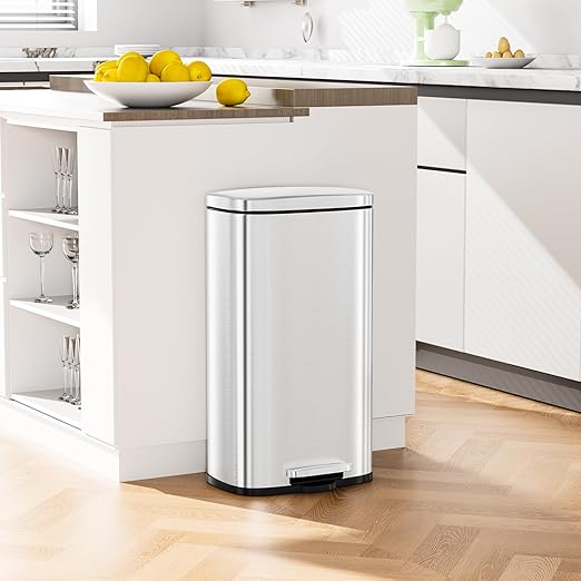 Arlopu 13.2 Gallon Step Trash Can, Stainless Steel Garbage Bin, Soft-Close Rubbish Bin with Removable Plastic Inner Bucket, Fingerprint-Proof, Lid Dustbin, Suit for Kitchen Home (Silver, 50L)