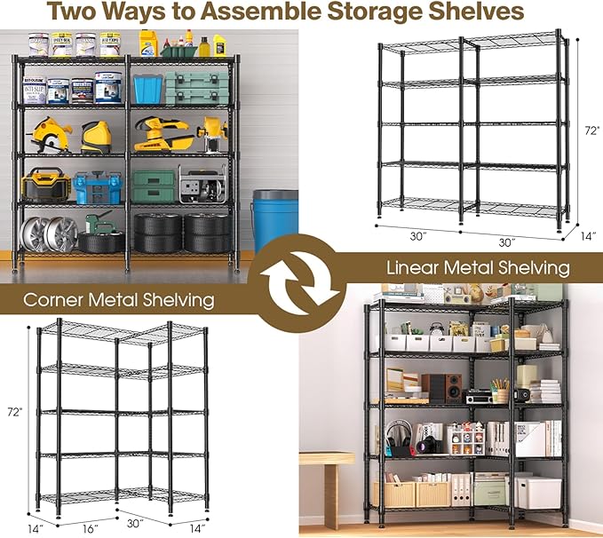 Himimi Storage Shelves-5 Tier Heavy Duty Wire Shelving Unit with Leveling Feet, 1500LBS Adjustable Metal Shelves Organizer for Kitchen Garage Pantry Laundry, 60" W*14" D*72" H, Black