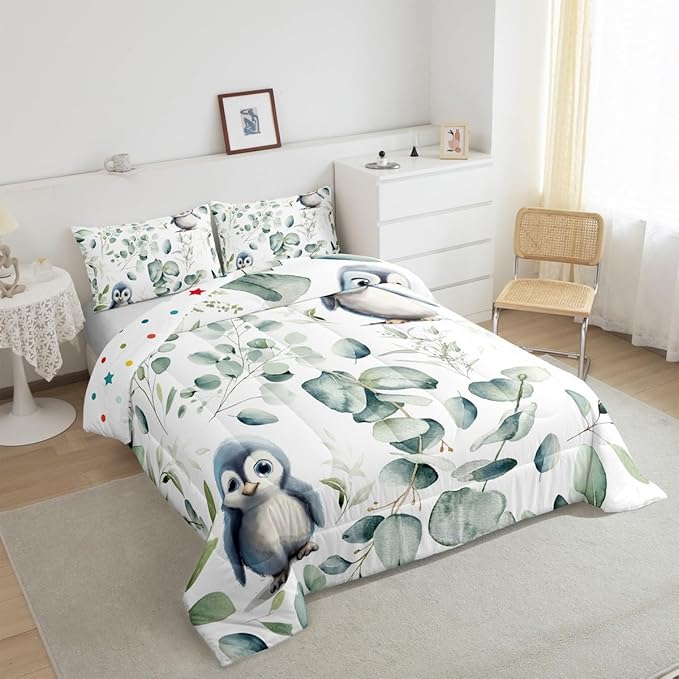 Erosebridal Cartoon Penguin Queen Bedding Sets Toddler Woodland Wildlife Comforter Set, Plant Down Comforter Eucalyptus Leaf Bedding Comforter Sets, Antarctic Animal Theme Duvet Insert Kids Room Decor