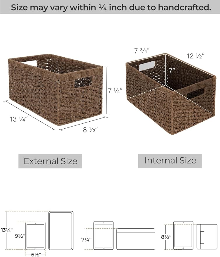 StorageWorks Round Paper Rope Storage Baskets, Rectangular Wicker Baskets with Built-in Handles, Medium, 2-Pack