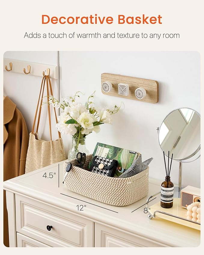 Small Woven Basket, 12 x 8 x 4.5 Inches, Storage Basket for Organizing, Cute Small Rope Shelf Closet Cube Storage Bins Baskets for Shelves, Dog Toy Gift Baskets Empty, 3 Pack Brown