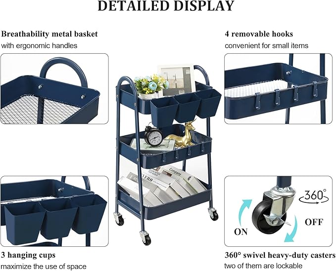 danpinera 3-Tier Rolling Cart, Metal Rolling Storage Cart with Lockable Wheels & Hanging Cups & Hooks, Mobile Trolley Cart for Kitchen, Bathroom, Office, Workshop, Dark Blue