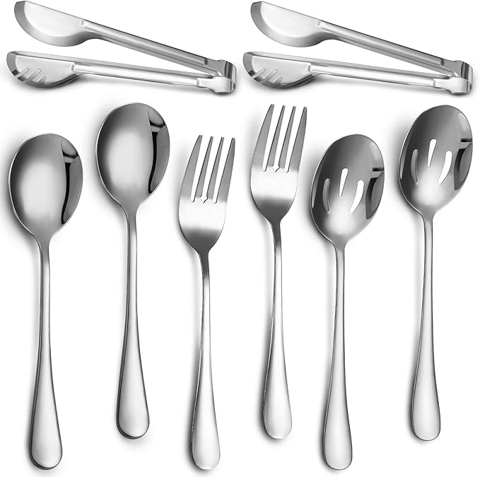 Patelai 8 Pieces Christmas Stainless Steel Silver Serving Utensils Set 8.7" Large Spoons and Slotted Spoon 9.45" Tong 9" Forks Flatware Wedding Party Buffet Banquet Cooking Kitchen Catering