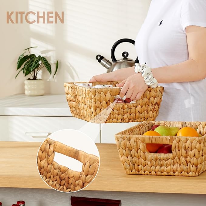 Water Hyacinth Wicker Baskets 2 Pack, Large Storage Basket With Handles for Organizing, Handmade Natural